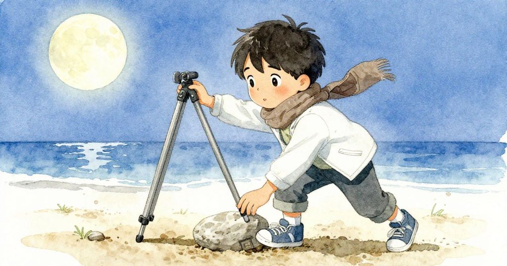 凱托迅速彎腰在軟土上用石塊支撐搖晃的三腳架，神情冷靜果斷展現即時處理意志。