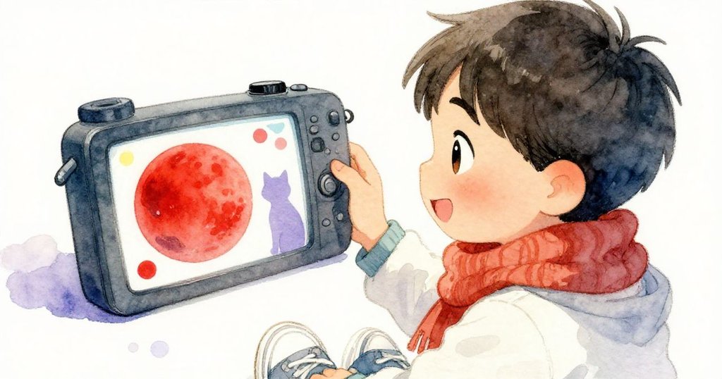 凱托在室內欣賞相機預覽畫面，火星和短暫貓影交織成藝術意象，臉上滿是驚喜與成就。