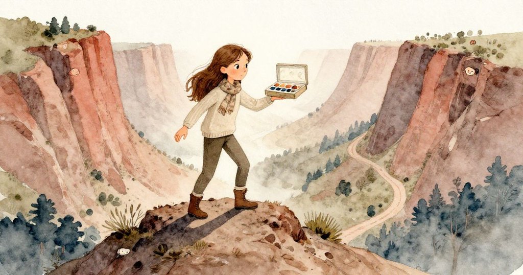 克拉拉站在懸崖欄杆上平衡水彩盒,晨光映照紅色岩壁與蜿蜒小徑,神情專注開始創作