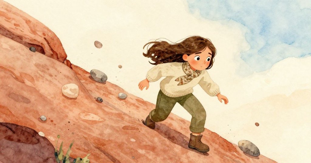 從高處俯視,克拉拉沿陡峭紅岩小徑攀爬,緊握著求助探險車,神情專注且堅決