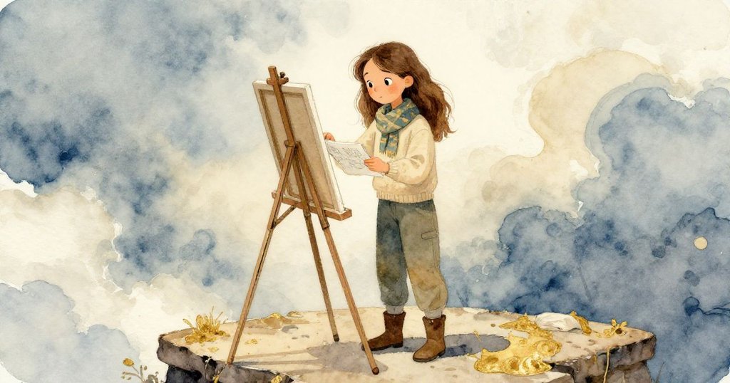 克拉拉回到平台上重整畫架與素描本,專心記錄風暴過後山谷的平靜,周圍金光微露