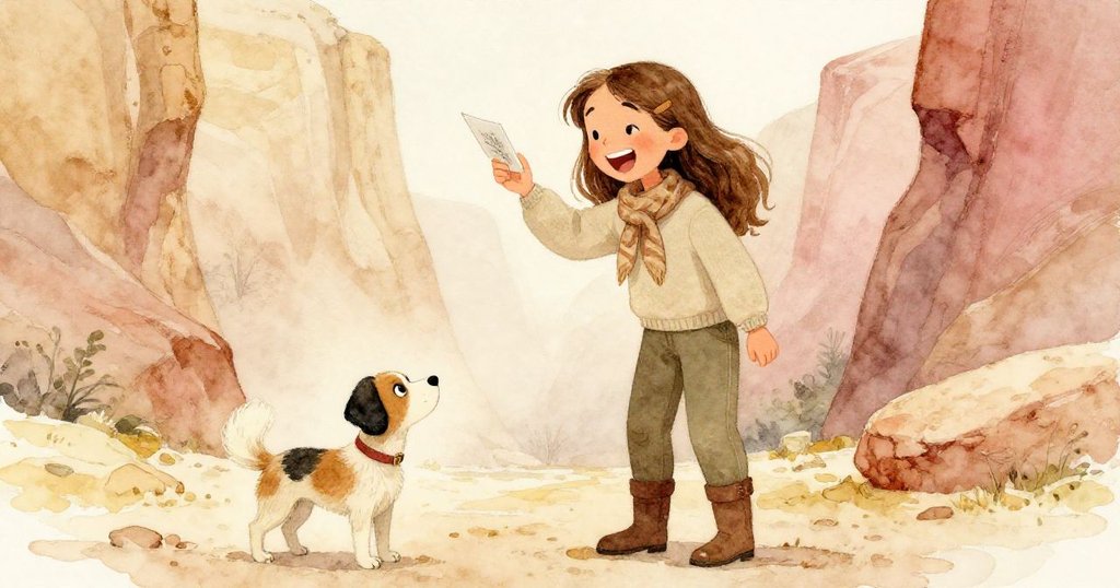 克拉拉笑著舉起素描本迎接微小探險車,溫暖光線下山谷靜謐景色留有無限想像