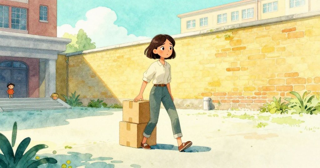 克拉拉在陽光大學庭院中平衡紙箱行走，動態傾斜視角呈現探索與堅定，背景細節豐富