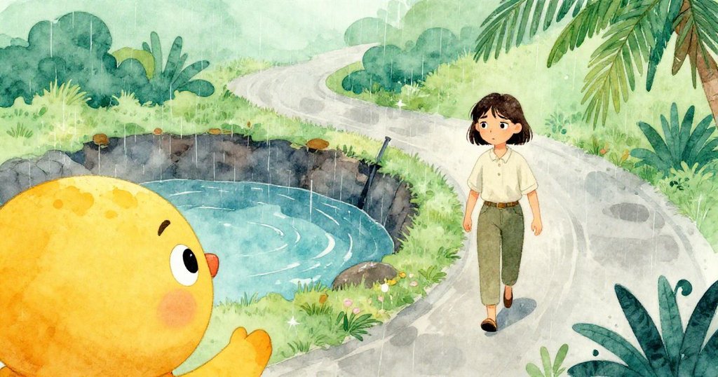 從低角度看見雨後閃光的凹坑和行走中的克拉拉，環境自然生動，充滿探索感