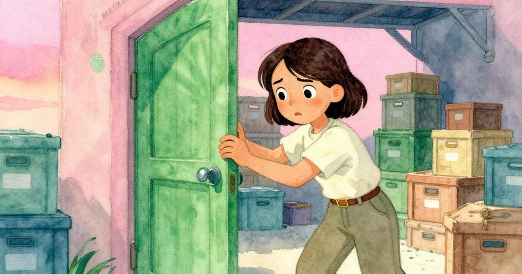 克拉拉在儲藏室中用力按壓生鏽綠門，手與金屬碰撞，背景堆滿箱子，透露出神秘探索情懷