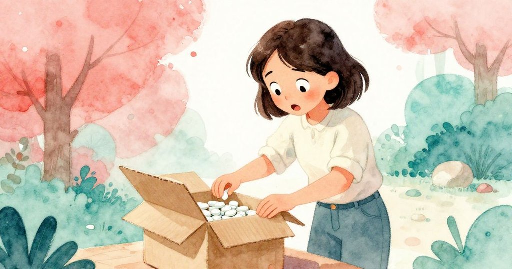 克拉拉打開紙箱驚見意外的白色藥片，臉上流露驚訝與疑惑，溫暖光線映襯細膩情感