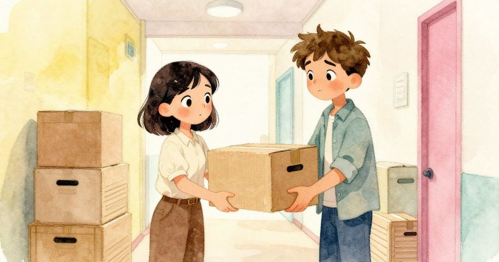 克拉拉與喬爾在堆疊箱子間交換紙箱，相視輕鬆，背景走廊光影溫暖，暗示故事續篇