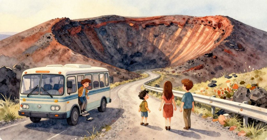 Theo專注雙手正努力解開纏繞衣扣的相機繩，細部刻畫出夕陽下火山口邊緣的質感。