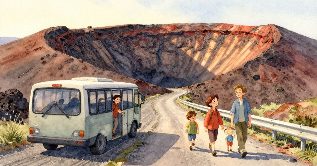 從Theo視角看，火山口內苔蘚與散石交織，畫面充滿期待與探索神情。