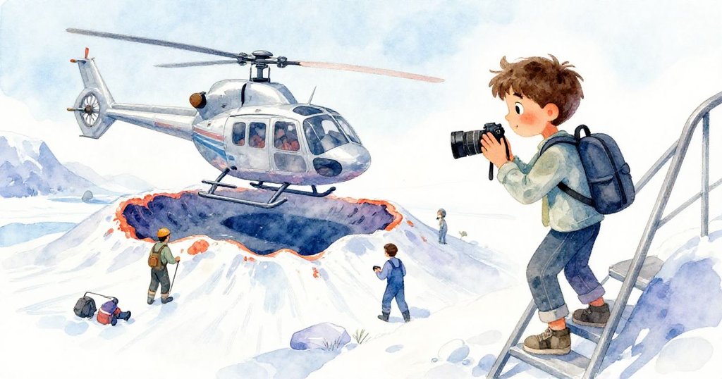 Theo順著金屬樓梯向下，背景中銀色直升機與忙碌工作人員正將荒蕪火山口改造成臨時展場。