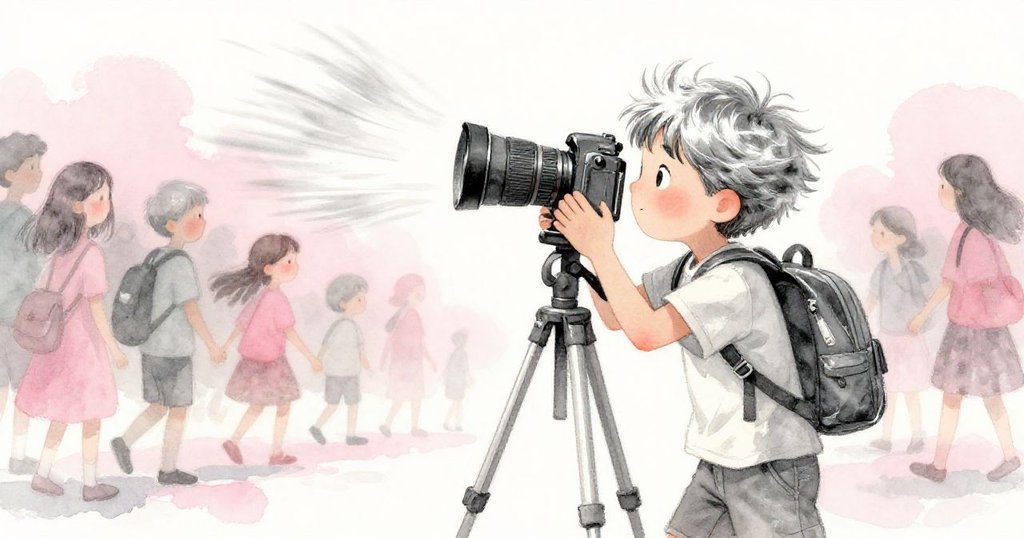 Theo在狂風中堅定調整三腳架，臉上流露焦慮與決心，背景人群急促交錯映襯傍晚光影。