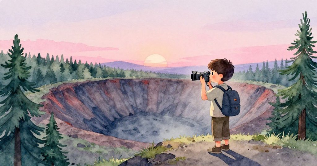 夕照中，Theo放下相機靜立火山口邊緣，柔光與陰影交織，映照出自然與現代展會交錯迷離情境。