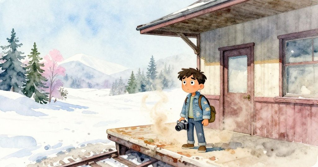 尼科站在老火車站旁等待，背著相機包，風中灰塵飛揚，他滿懷好奇與決心凝視遠方的歷史場景。