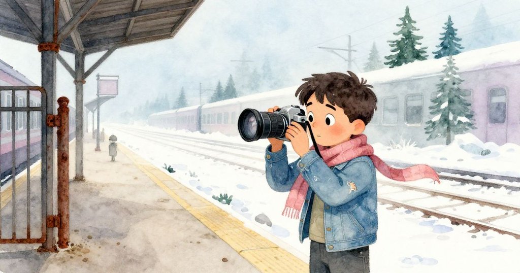 尼科在生鏽鐵門前擦拭相機鏡頭，灰塵瀰漫的平台上，他充滿堅定與好奇注視遠方。