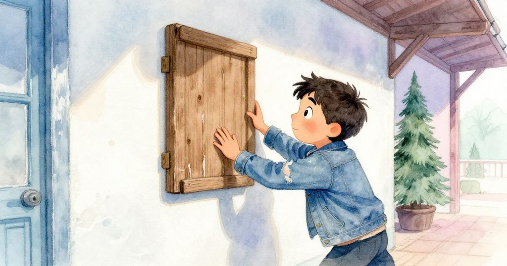 尼科發現牆上鬆動木板，輕推間露出柔和光線，他眼神專注，充滿探險熱情。