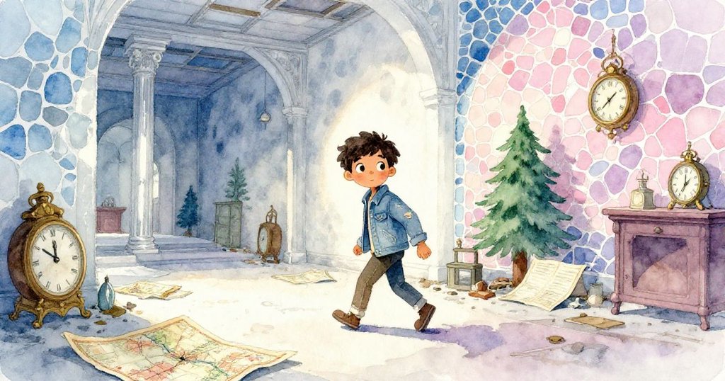 尼科踏入充滿歷史遺跡的大廳，地上散落舊地圖與時鐘，夕陽中塵埃起舞，營造出神秘古樸氣息。