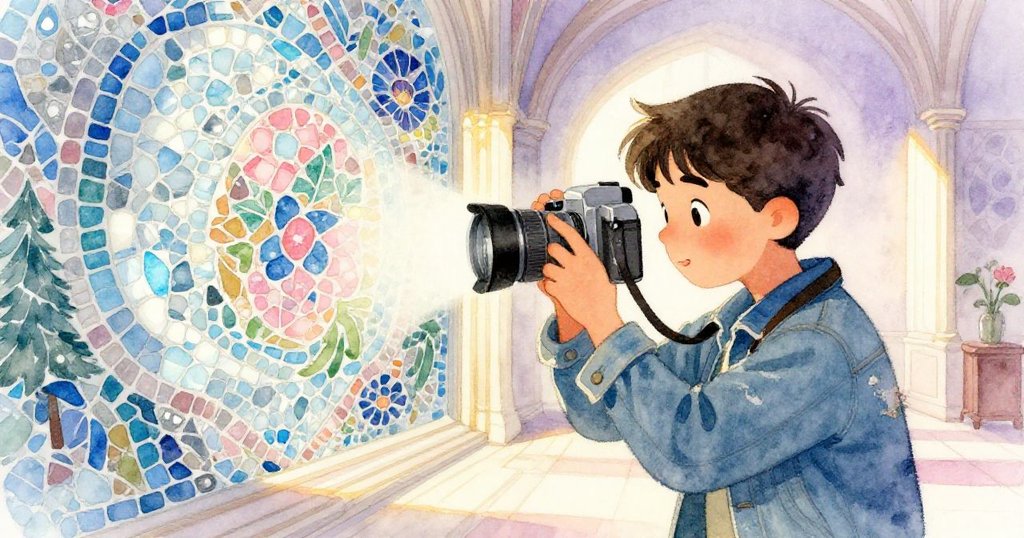 尼科專注於調整相機聚焦繽紛馬賽克，臉上流露出驚奇喜悅，展現探索古蹟的熱情。