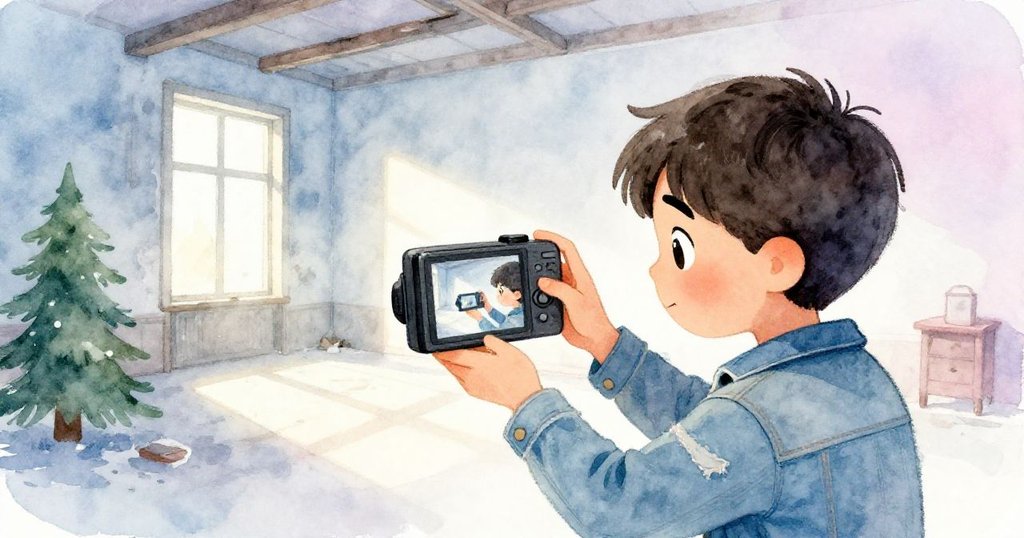 尼科注視著相機螢幕上清晰的最終照片，夕陽餘暉中神情堅定，呈現發現古蹟後的滿足與沉思。