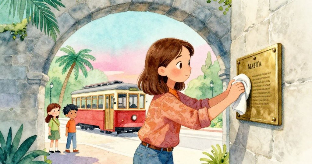 Marta在石灰岩拱門下細心擦拭銘牌，背景中參觀者與移動的電車形成動態對比，顯得專注而溫暖。