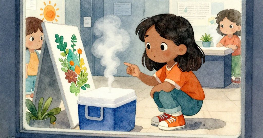 透過玻璃視角看見Mira與能源海報互動,泡沫冷藏箱冒白霧,溫柔光線襯托展區故事發展。