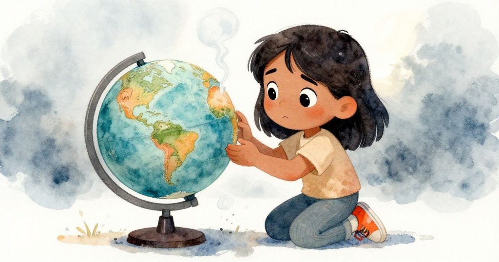 在低霧瀰漫中,Mira跪下修整地球儀接縫,專注與堅定表情交織,故事情節逐步推進。