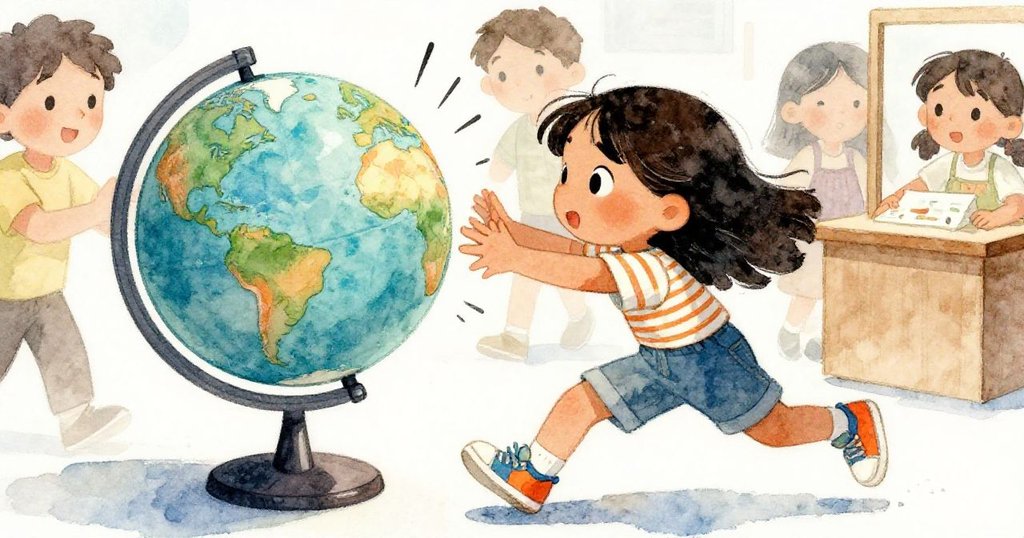 觀展者匆匆而過觸動地球儀搖晃,Mira迅速穩定裝置,動態場景展現緊張與果斷反應。