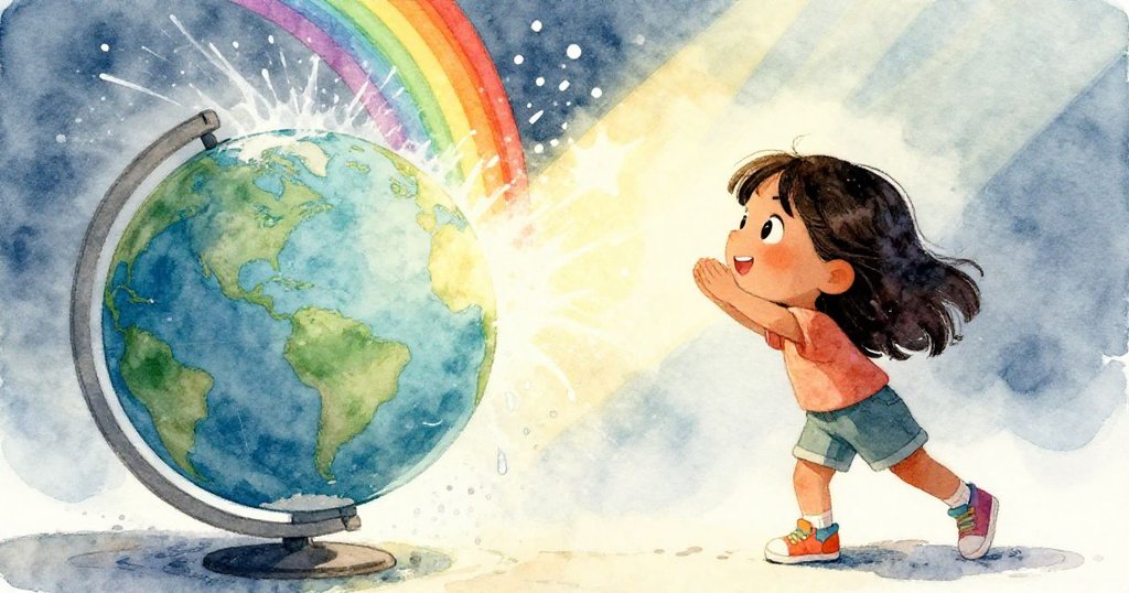 Mira臉上滿是欣慰笑容,彩虹水柱從地球儀噴出,在天窗光輝下閃耀,象徵勝利與美好結局。