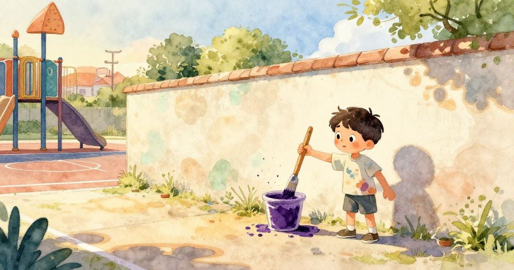 盧卡在籃球場旁遊樂場牆前揮動畫筆，夕陽餘暉映照，表情專注，環境充滿溫暖與生機。