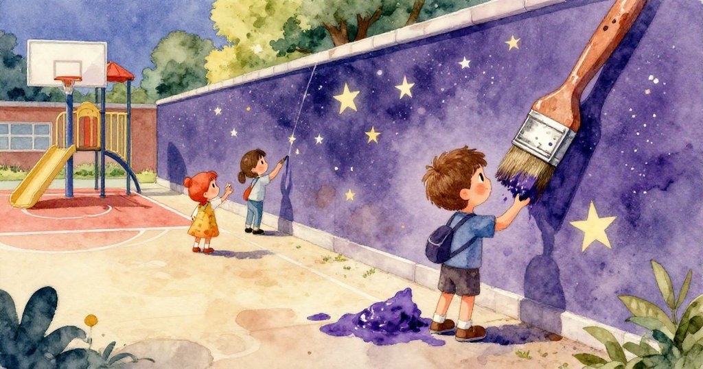 盧卡用力抓住鏽跡斑斑的金屬梯，另一隻手握著滴漆畫筆，工具細節清晰，展現創作準備。