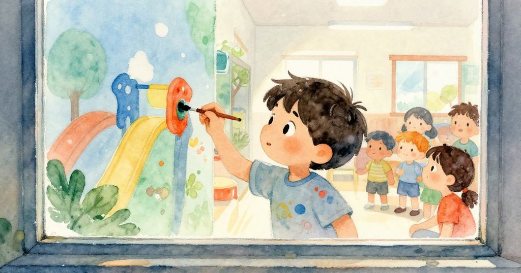 透過教室窗戶觀望，盧卡在戶外牆上繪製星空，孩子們好奇探頭，溫暖光線與室內外交融。