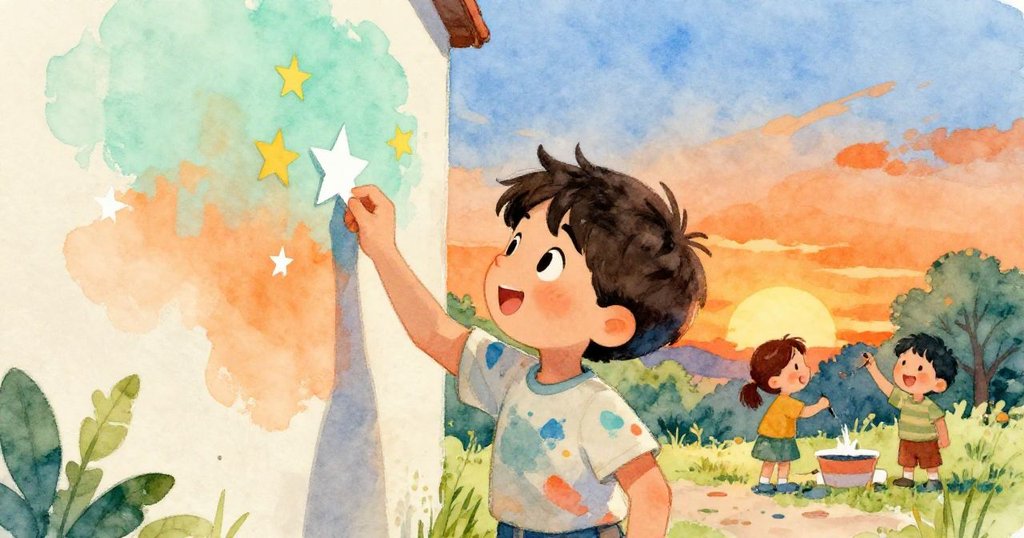 傍晚時分，盧卡背景中繪畫星空，年幼孩童快樂黏貼紙星，黃昏光影中充滿活力與溫馨。