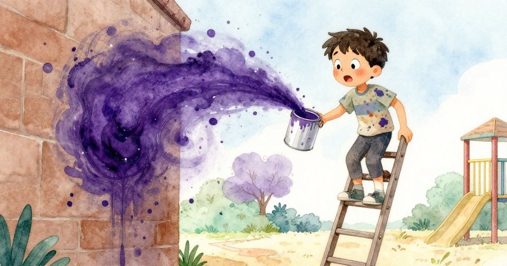 盧卡攀爬斜梯時不慎碰到油漆罐，深紫色油漆旋轉擴散，臉上滿是驚訝與緊張，現場氣氛懸疑。