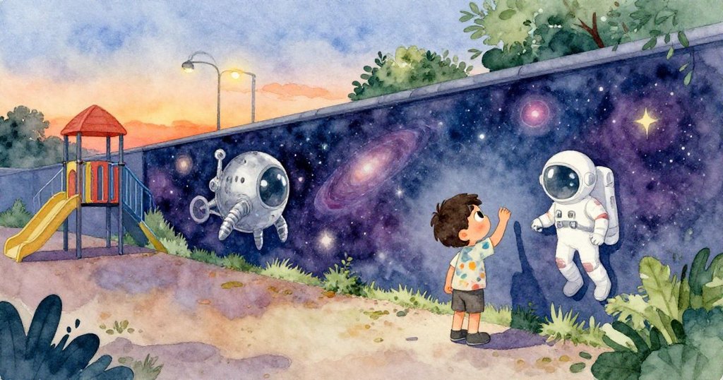 夜幕降臨，盧卡滿意地欣賞完成的星空壁畫，牆上有旋渦星雲、銀色登陸艙與宇航員，街燈柔和閃爍，氣氛寧靜。