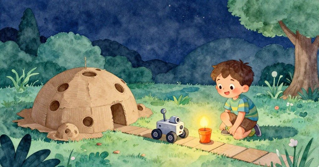 喬納斯在傍晚柔和光線中忙碌設置自製月球地形，輕鬆期待探險，背景有紙板環境和橙色燈籠