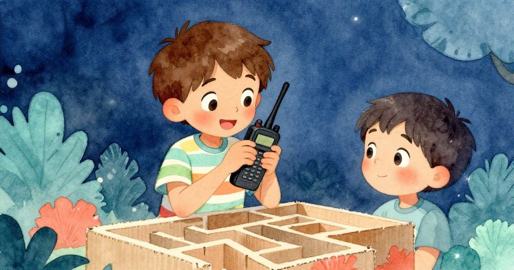 喬納斯調整對講機，凝視由哥哥製作的紙板迷宮，畫面帶有藍色懷舊光暈，感受回憶與挑戰