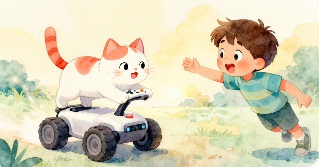 喬納斯驚訝伸手抓住控制器，鄰居的貓意外踩到按鈕，激活月球車，場景充滿幽默互動與溫暖光線