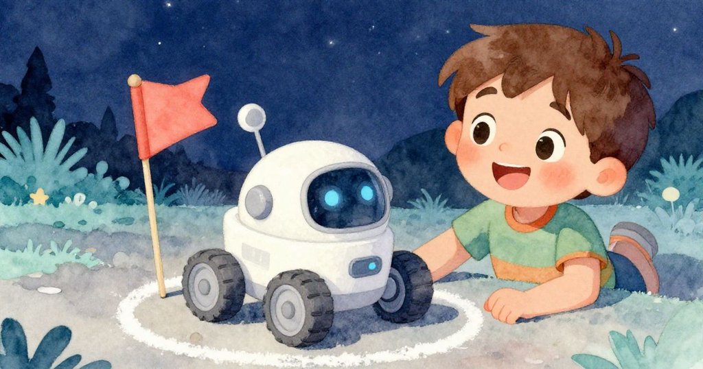 喬納斯在暮色中滿懷驕傲看著迷你月球車精準停在火柴旗旁，細沙輕落，場景溫馨圓滿