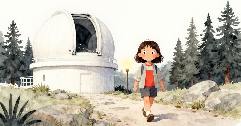 瑪拉走在花崗岩小徑上，背景中白色天文台與松樹相映，表情充滿好奇和決心，展開夜間探險。