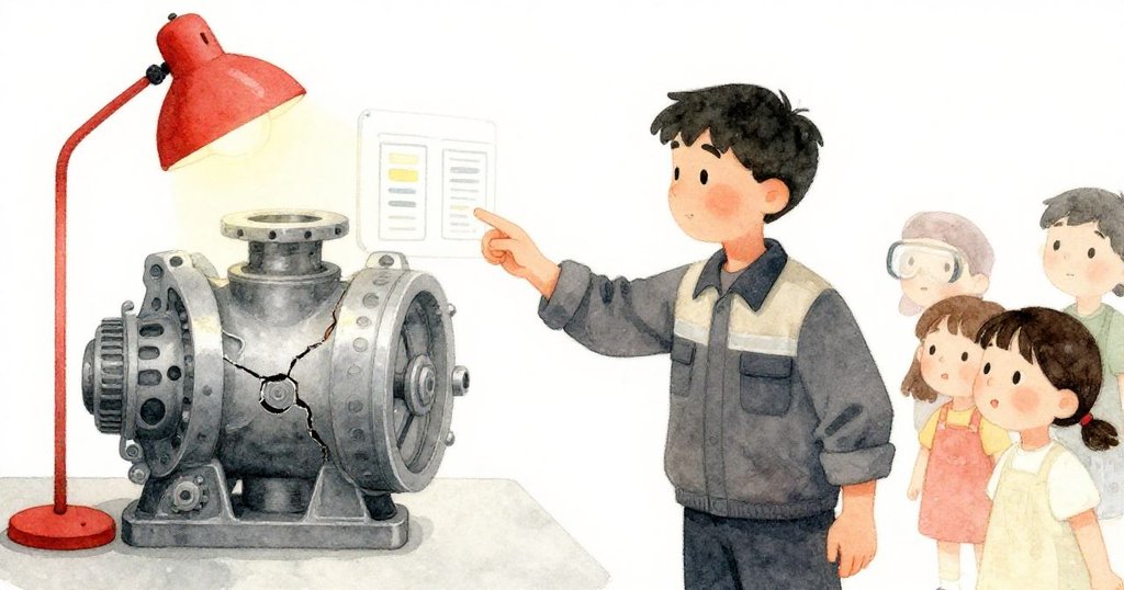 技術員在星光房內指著古老齒輪與顯示板講解，瑪拉在後觀察，齒輪上細裂痕顯示歷史痕跡。