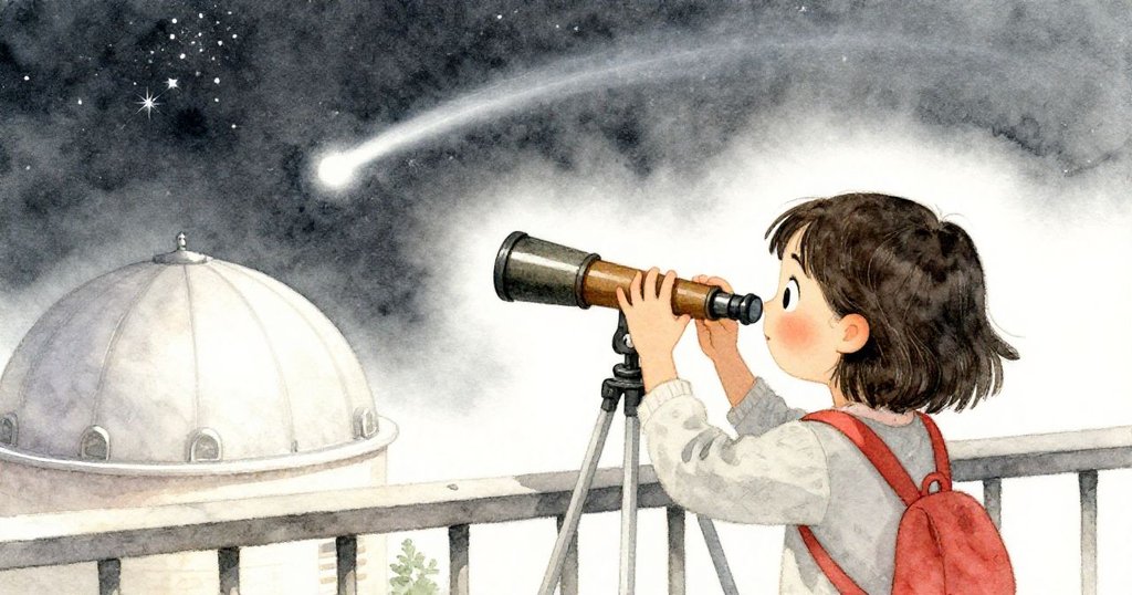 瑪拉從陽台上調整手動望遠鏡，背景中破雲顯現彗星，她凝神觀望細節展現期待與專注。