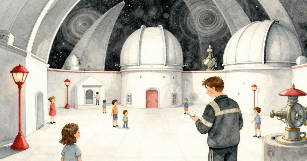 天文台內部呈現超現實幾何結構，紅燈照射下曲面屋頂與古老機械交織，觀眾靜默移動，氛圍神秘而迷幻。