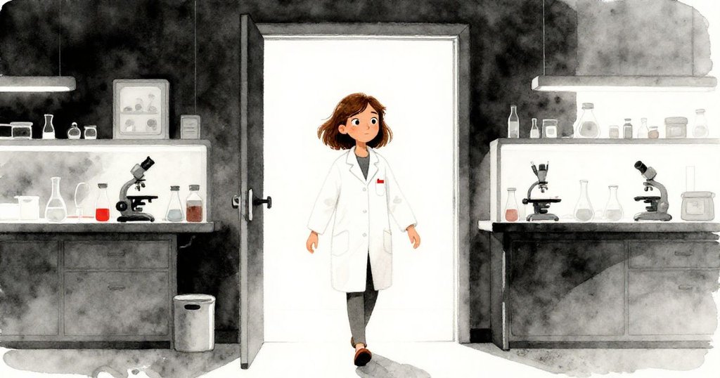 瑪拉穿著帶紅色點綴的白大褂，自信邁入明亮現代實驗室門口，充滿希望與探索精神。