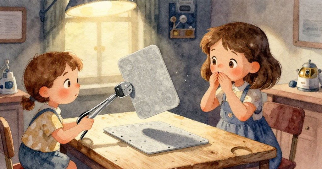 瑪拉堅定的腳步在光滑的實驗室地板上留下清晰印記，展現專注與探索科學奧秘的決心。