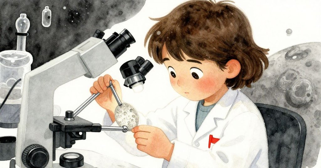 瑪拉聚精會神地調整夾具，小心操控月球模塊切片，透過顯微鏡觀察細微灰塵變化，表情專注且充滿驚奇。