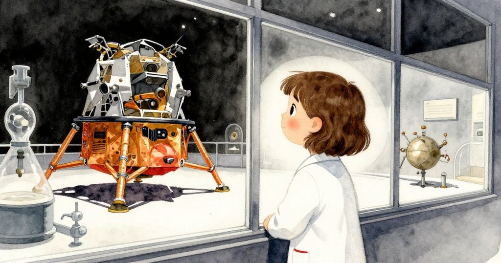 瑪拉站在大窗前，透過窗外博物館中展示的月模面板凝望，歷史與現代科學探索在此交織。