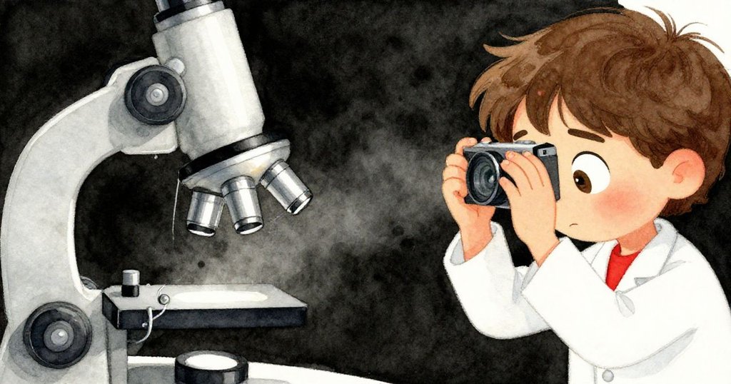 顯微鏡下忽現銀絲蠕動，瑪拉迅速捕捉這意外瞬間，手與臉上寫滿驚奇與緊張，科學奇遇正上演。