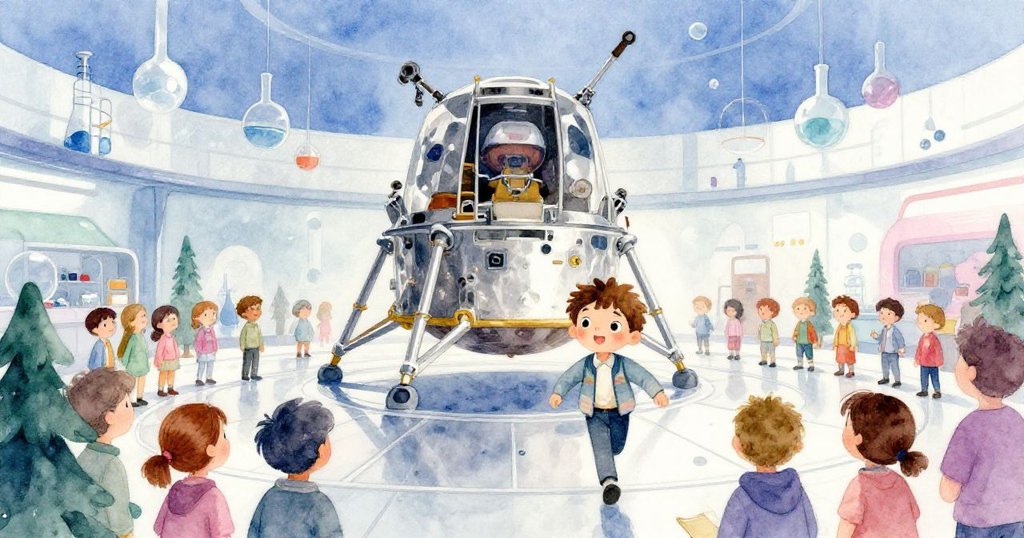 Milo 穿著制服興奮走入現代科學大廳,銀色月艙模型閃耀,眾人環繞景象生動有序。