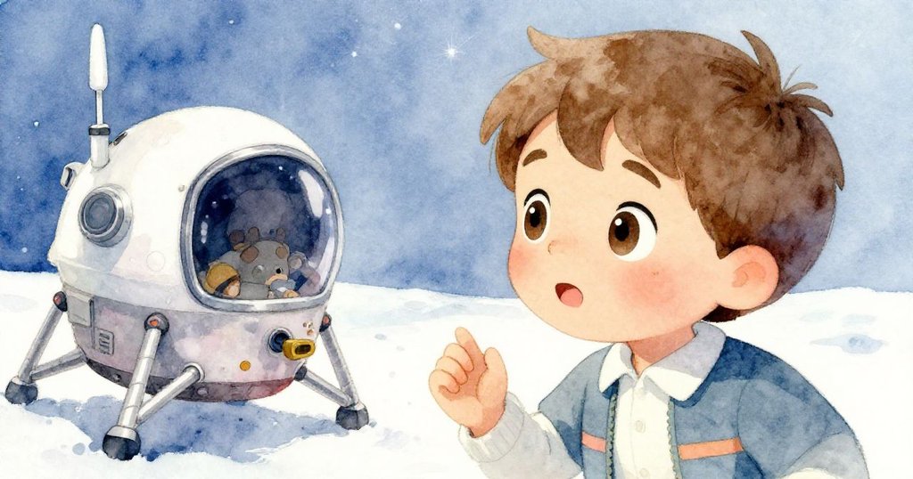 Milo滿臉驚奇凝視月艙模型,眼中閃爍好奇光芒,背景隱隱展現科學館展品細節。