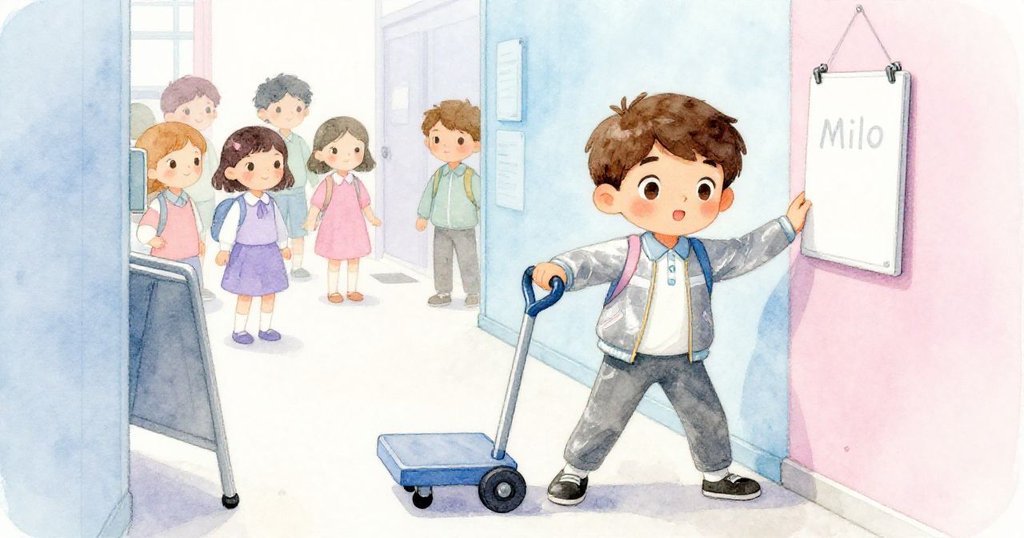 Milo小心穿過狹窄走廊,肩側輕推穩告示牌,旁有學生與維修車相伴,展現內心堅定。