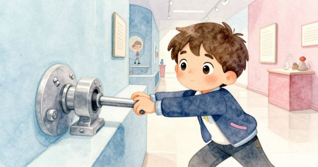 Milo專注推開門禁,堅定面對障礙,背景隱映柔和燈光與旁觀者期待神情。